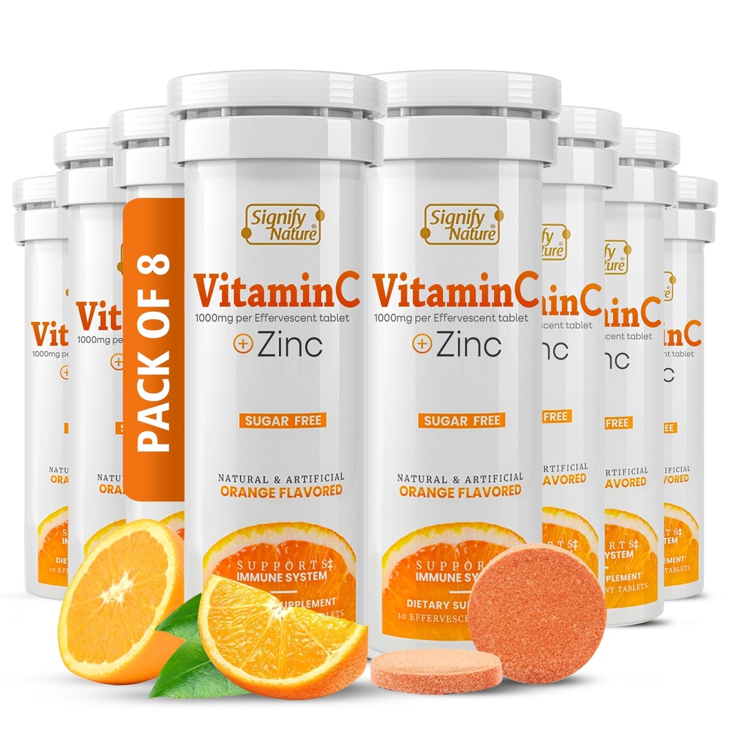 SIGNIFY NATURE 维生素 C 1000mg Effervescent 片 - 带有锌补充剂的易燃性免疫支持 VIT C - 无糖和维冈公式 - 溶解维生素 C 片 - 水溶性菲齐·埃利克斯尔 - 80CT