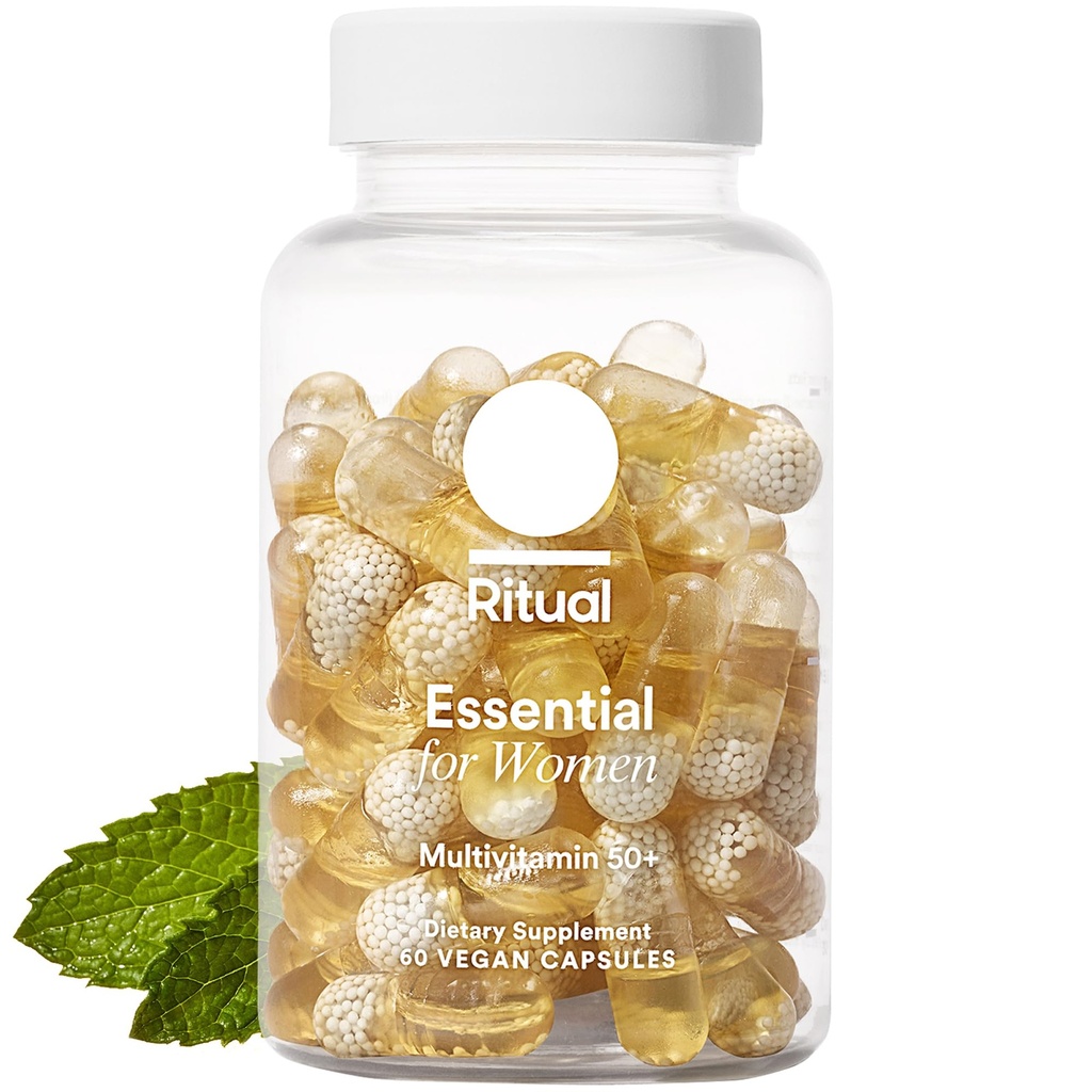 50+女性的Ritual 多维素,有维生素D3,K2和镁支持骨骼补充剂*,Omega-3 DHA,维生素B12,Non-GMO,Mint Essensed,30天供应,60 Vegan Capsules