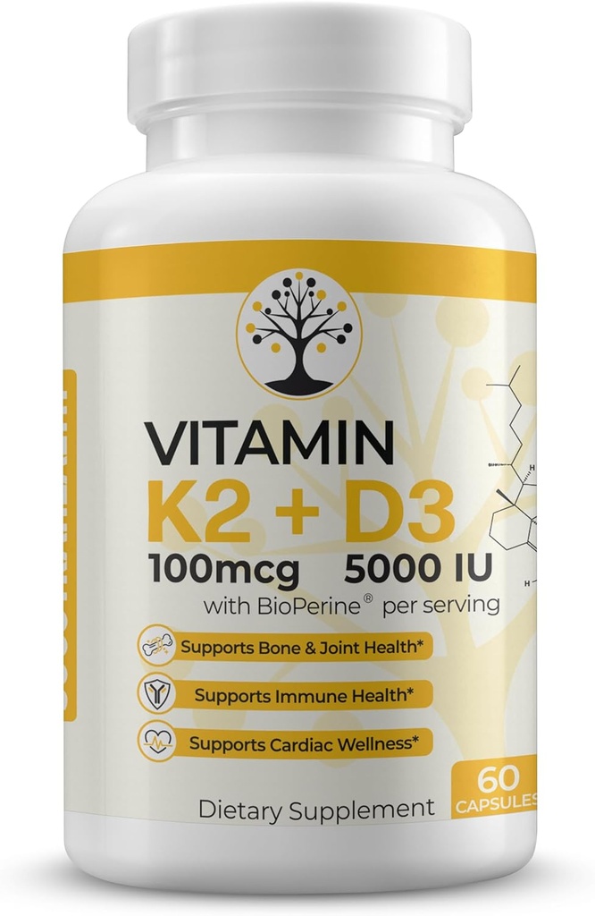 维生素D3 K2补充剂,5000 IU - 支持Immune and Cardiac Wellness,HighPotency,Gluten Free,60 Capsules (英语).