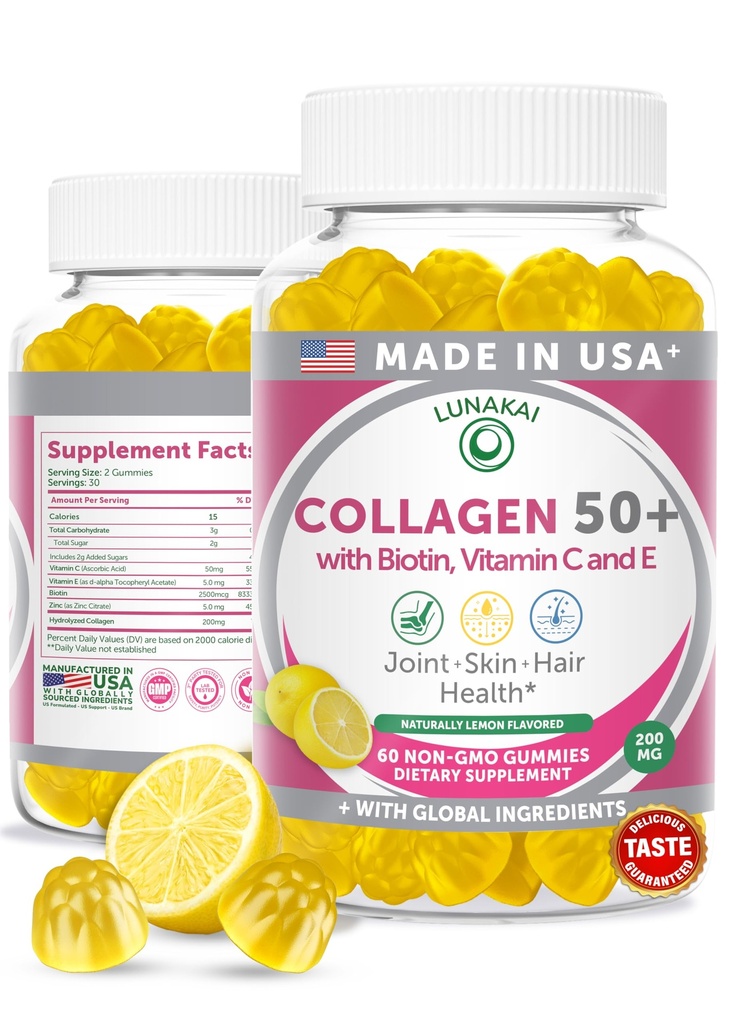 Lunakai USA Made Collagen Gummies for Women & Men Over 50, Biotin & Vitamin C, Supports Skin Elasticity, Hair & Nail Strength, Joint Support, 60ct