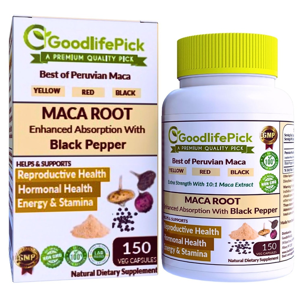 秘鲁 Maca Root Capsules 150 cm. 强力 Maca 混合 黄红和黑色 Maca 根与黑辣椒。 所有天然 NNGMO Vegan 不 Steate No Rice Power No Silica No Filler