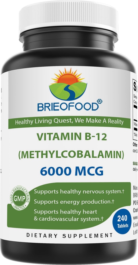 Brieofood食用维生素B-12(甲基丙烯)6000mcg-240平板. 非 GMO 和 Gluten 免费