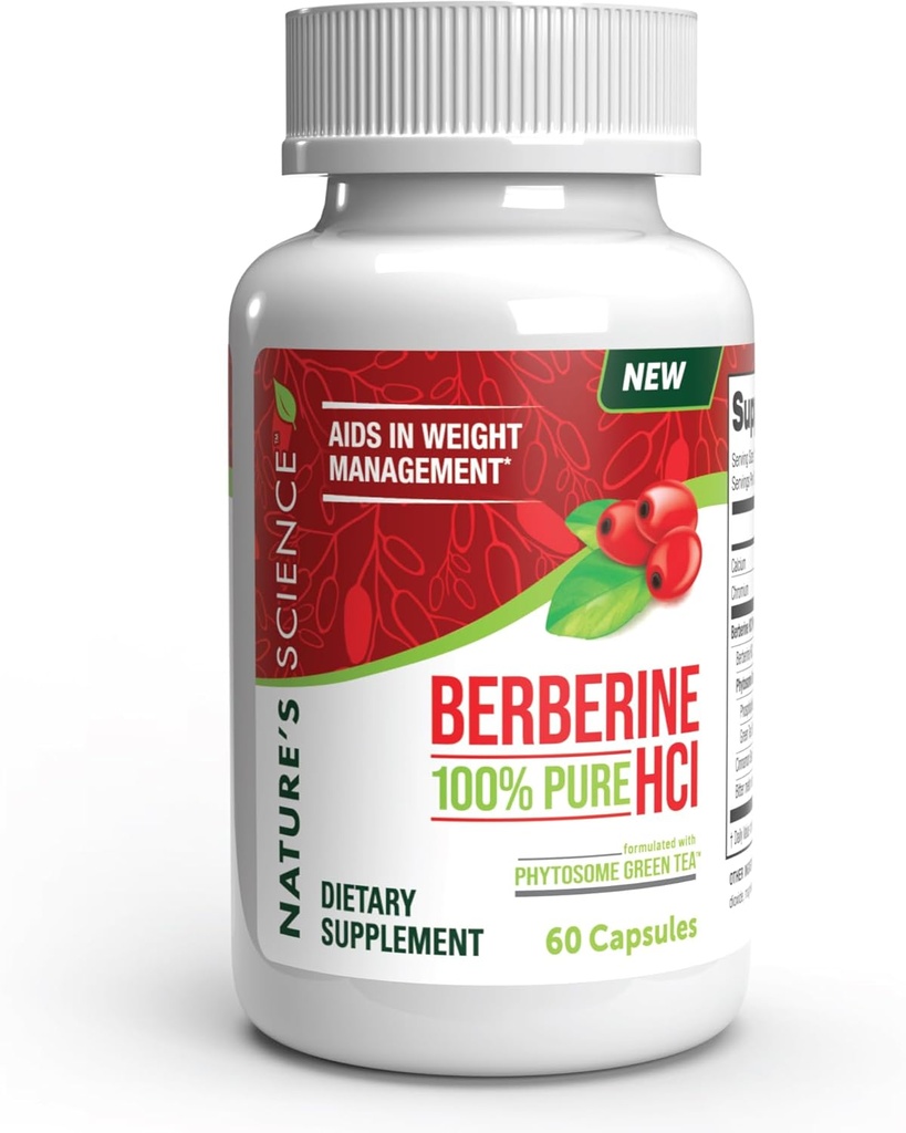 自然科学 Berberine HCL 配有植物素绿茶用于体重管理,100%纯临床级 Berberine HCL 用于更好的吸收 - 帮助代谢,保持全长 - 60 Caps