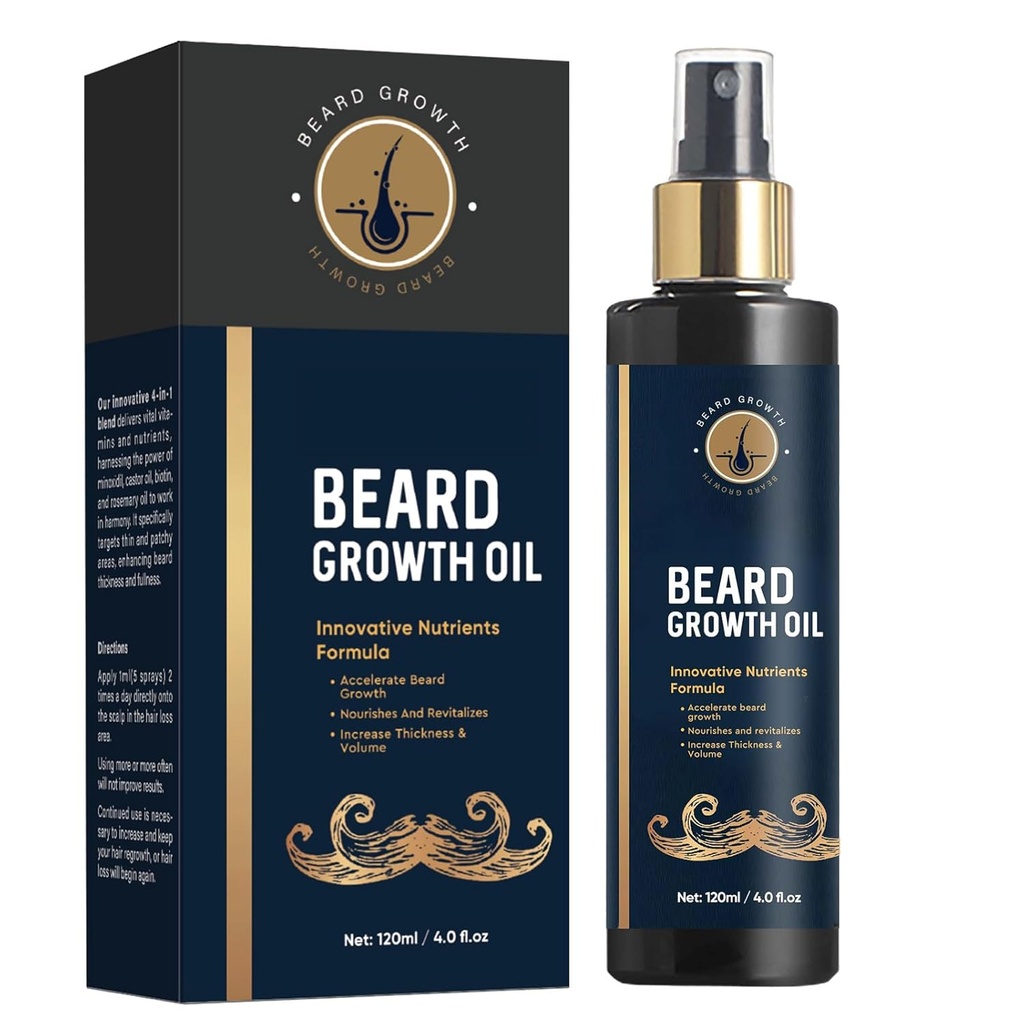 胡子油用于男子,5%的胡子生长油用于Thicker和Fuller Beard,促进面部毛发生长,有Biotin、Rosemary和Castor Beard油用于男子生长,4 Fl Oz