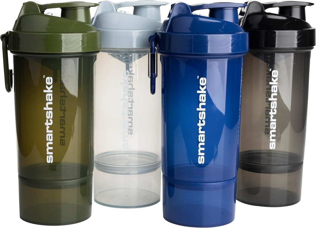 Smartshake O2GO ONE 4-Pack 蛋白质摇摆瓶800 ml → 27 oz - 存储包含 - 防漏螺丝上 Lid - BPA Free - Unixex - Mist Gray, Army Green, Black, Navy Blue (英语).
