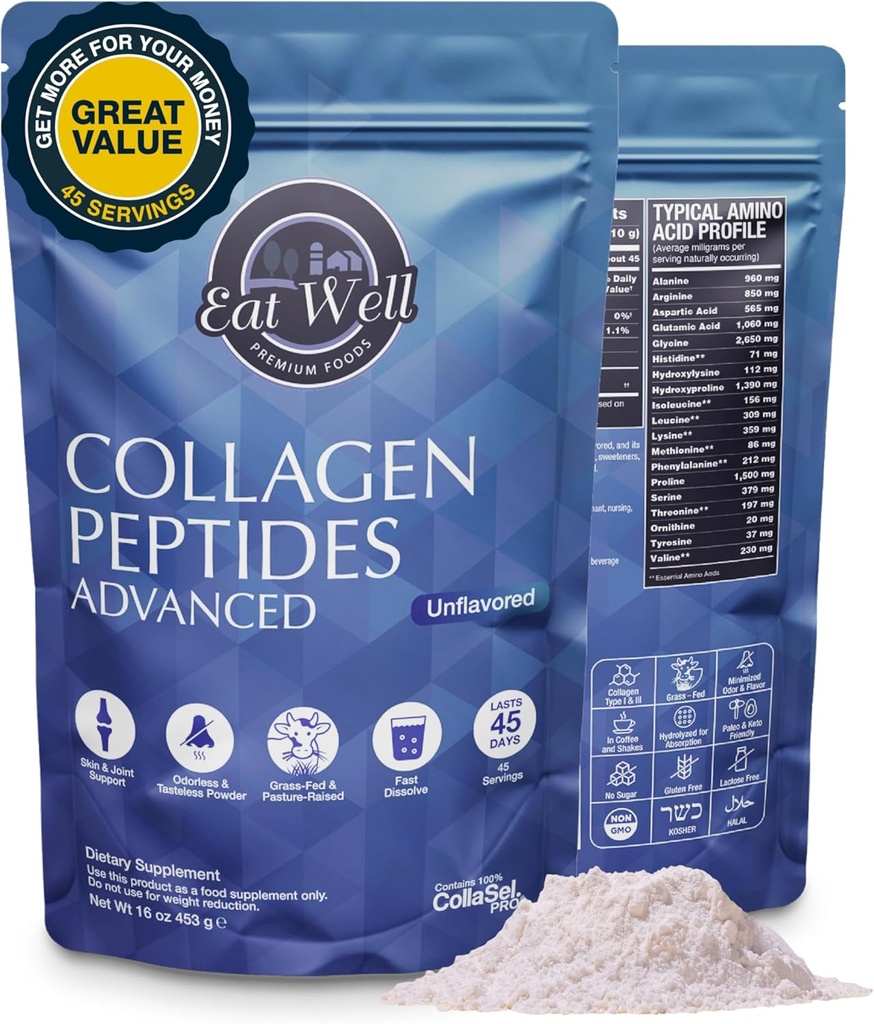 EAT WELL PREMIUM FOODS Collagen Peptides Powder Protein 45 Servings, 16oz, Collagen for Skin, Bone and Joint Support, Type I & III Grass Fed Collagen Supplements for Women and Men, Keto, Amino Acids
