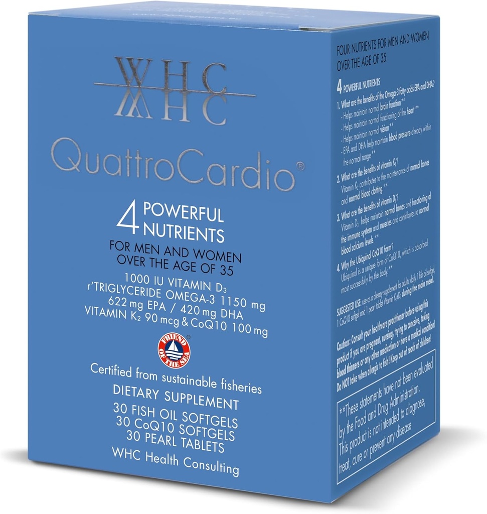 WHC Quattro Cardio Omega-3 1200 mg, 维生素D3 1000 IU, EPA 600 mg, DHA 495 mg, 维生素K2 90 mcg, CoQ10 100 mg, 天然橙色, 30 鱼油软胶, 30 CoQ10 软胶和 30 珍珠片 维生素K2+D3