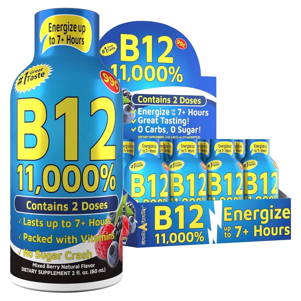 Vitamin Energy Shots, Mixed Berry Flavor, Up to 7+ Hours of Energy, 1.93 Fl Oz, 12 Count