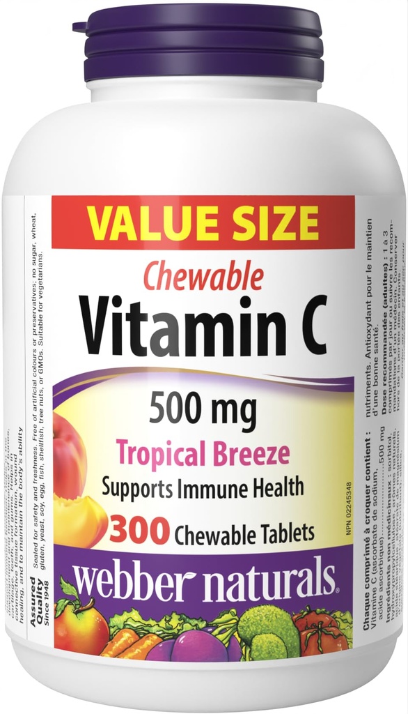 Webber Naturals Vitamin C,300 Chewable Tropical Breeze Flavor Talats,500 mg of Vitamin C per Platet, Bones, Teeth, Immune and Antioxidant Support, 非转基因生物、奶制品和无胶水