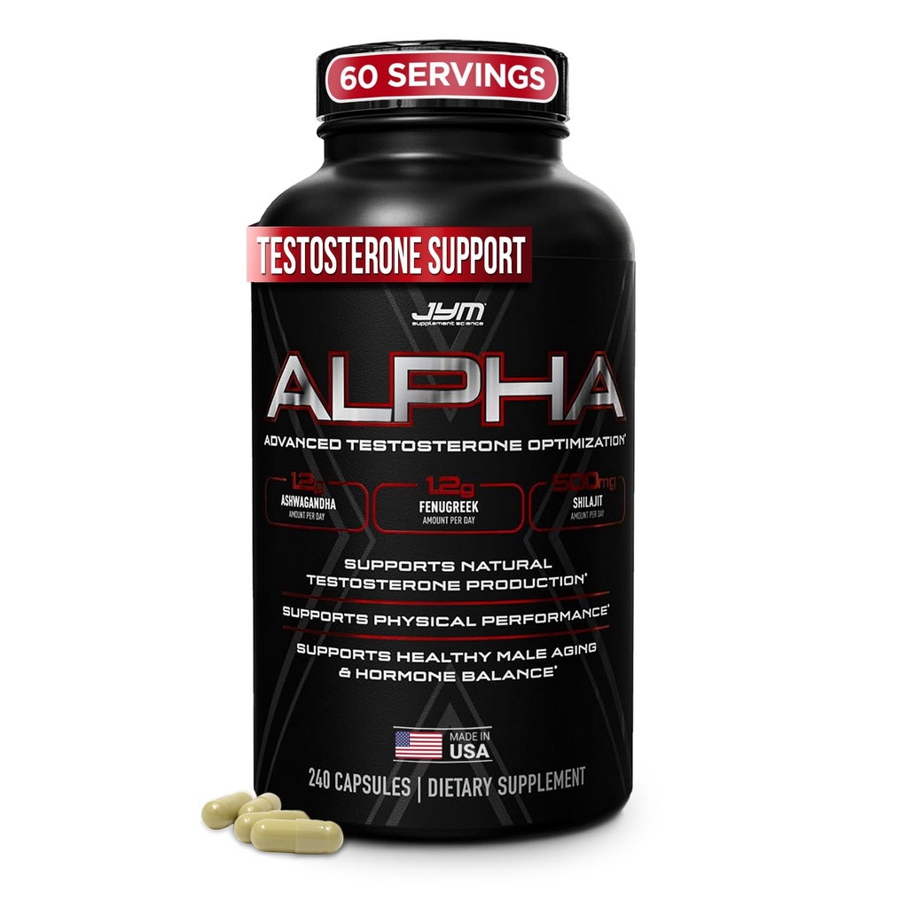 Alpha JYM X Advanced Testosterone Booster - Vitality, Optimization, DHEA, Ashwagandha, Boron, Shilajit, Fenugreek, Eurycoma, Damiana, Quercetin, DIM, JYM Supplemental Science (240 Capsules)