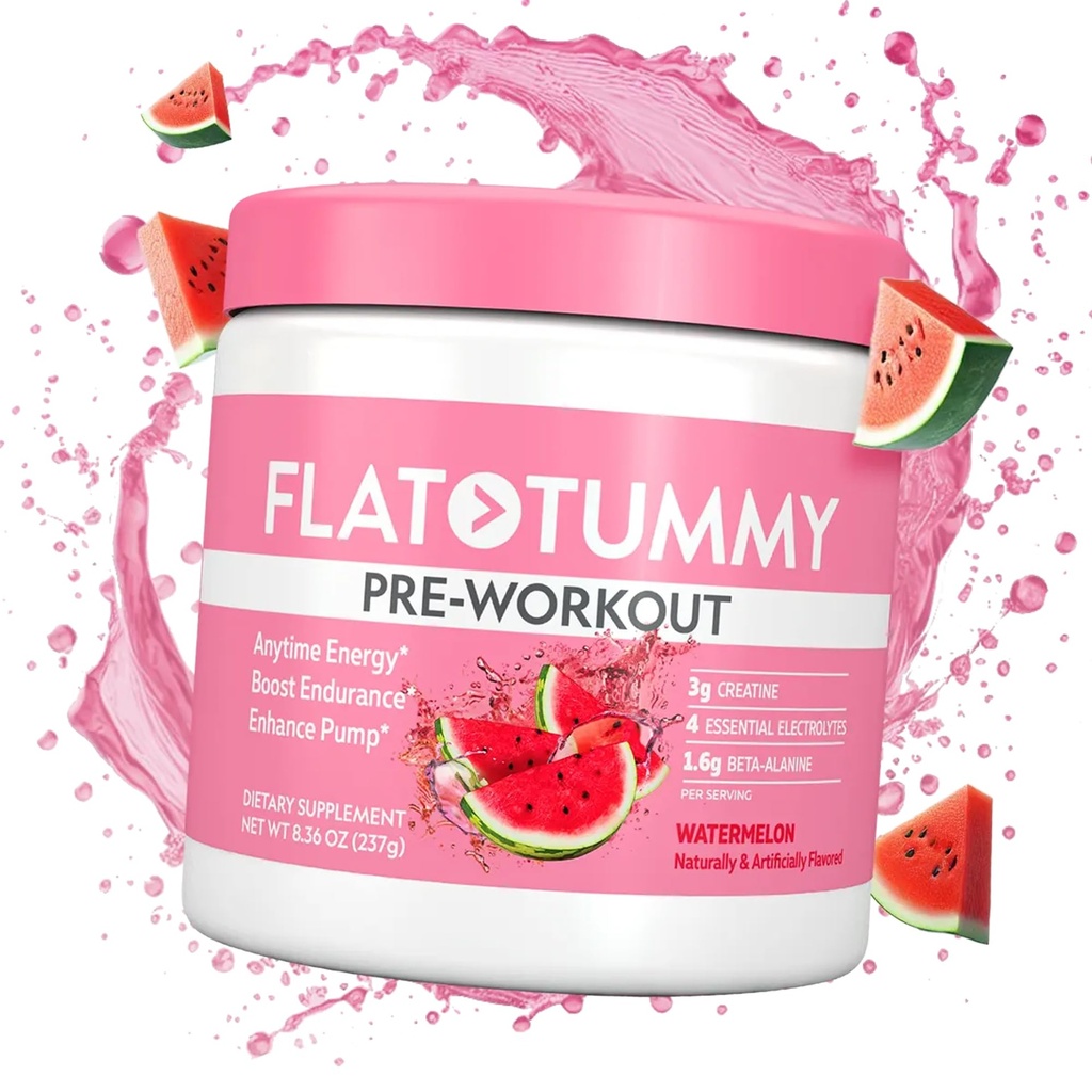 平面Tummy Pre Workingout Powder for Women – 能量,耐力,和肌肉支持 3g Creatine,1.6g Beta-Alanine,电解剂 – 西瓜 Flavor – 30 services