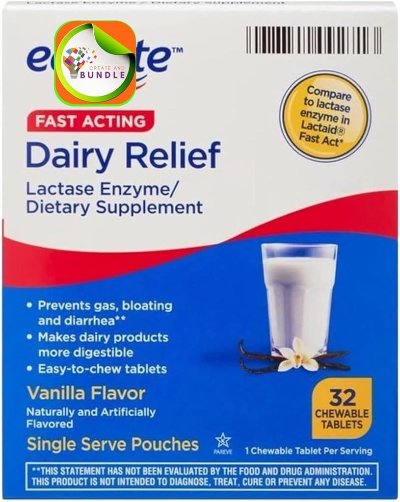 equate Fast Academy Relief Lacter 乳品酶 饮食辅助 Vanila Flavor 可嚼药片 32 Counts (Pack of 1) + CreativeAndBundle 粘贴剂
