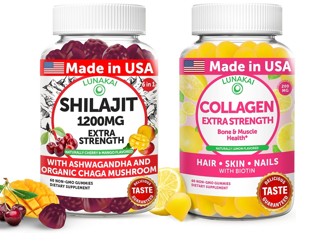 Lunakai USA 制造了 Shilajit & Collagen Extra Power Gummys Bundle – 能源、头发、皮肤和钉子支持 – 美味与非GMO