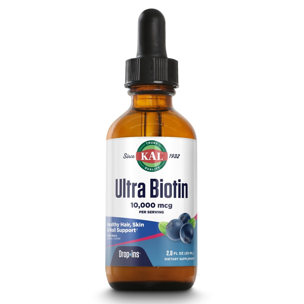 KAL Ultra Biotin 10000mcg DropIns,液态Biotin Drops, 头发生长补充剂, 高发性维生素B7, 健康头发, 皮肤, 钉子和能量支持, 天然混合贝里 Flavor, 约59 Serv, 2oz