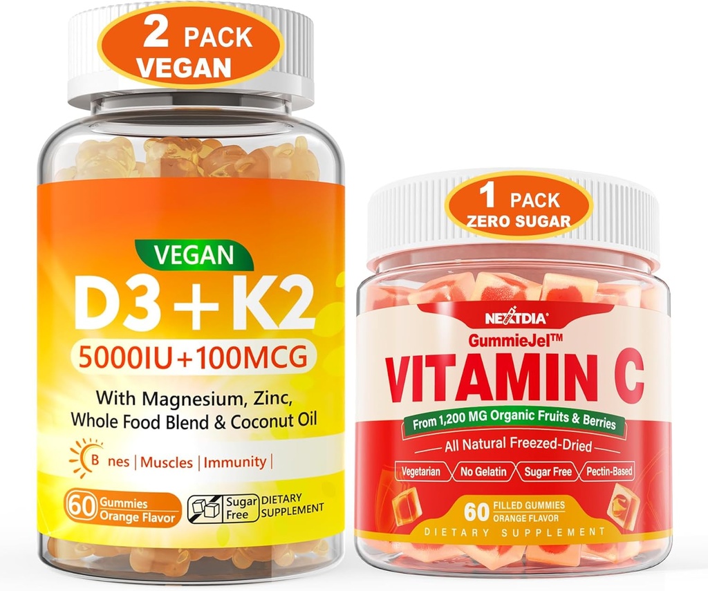 2 Pack Vegan 维生素 D35000IU K2 Gummys+ 1 Pack 全食维生素 C Gummys