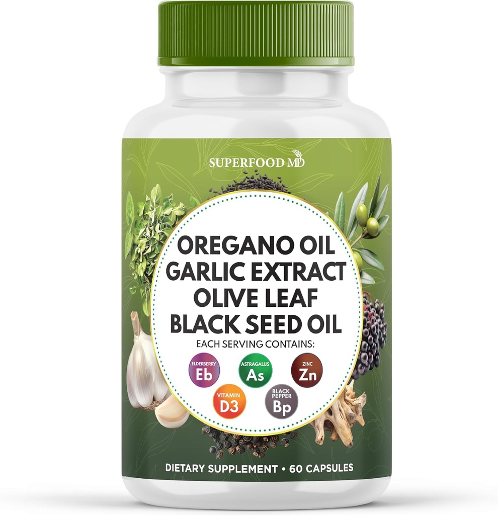 超级食品 MD Oregano Oil Garlic 橄榄叶提取 黑种子 油 Astragalus 供男女使用 60 计数