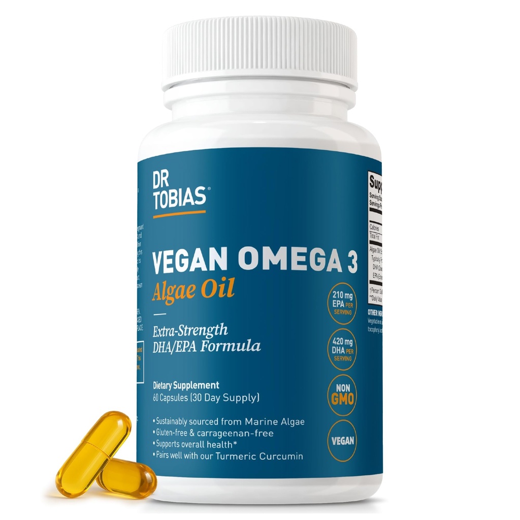 Tobias Vegan Omega博士,第3号补编,1400mg藻类石油,420mg DHA,和210mg EPA,每架服务,非GMO,Gluten-Free,Carrageenan-Free,60 Capsules,30架服务