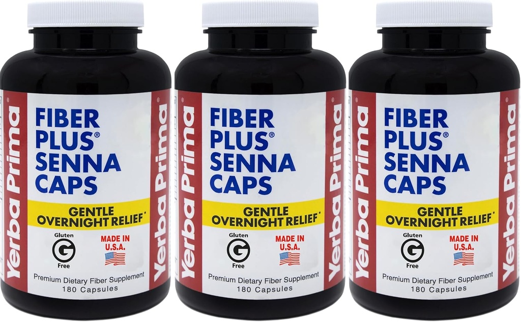 Yerba Prima Fiber Plus Senna Capsules, 180 Counter (Pack of 3) - 118 为晚间慈悲救济服务,美国制造,非GMO,用于恢复正常状态的短期用途