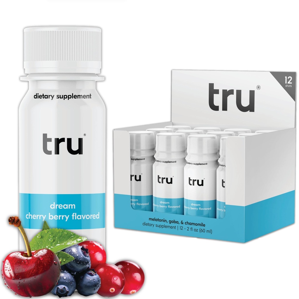 Tru Dream Shot, Extra Stream Sleep Supplement with Melatonin, GABA, 香蜜酒和镁, 樱桃莓火焰井饮料, Gluten Free, Vegan, Cafeine & Sugar Free, 2 FL OZ瓶, 12 Pack