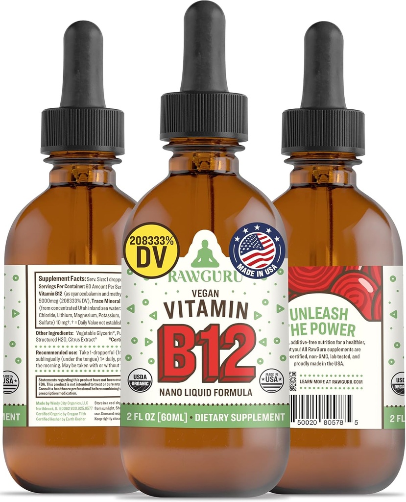 RawGuru Vitamin B12 液体补充剂 - 有机 Vegan 液体 B12 配有 Trace Minerals - Nano-Processed Antioxidant & Immune 支持补充剂 Tincture - 60 services of Vegan drops 每60毫升,包装为 1