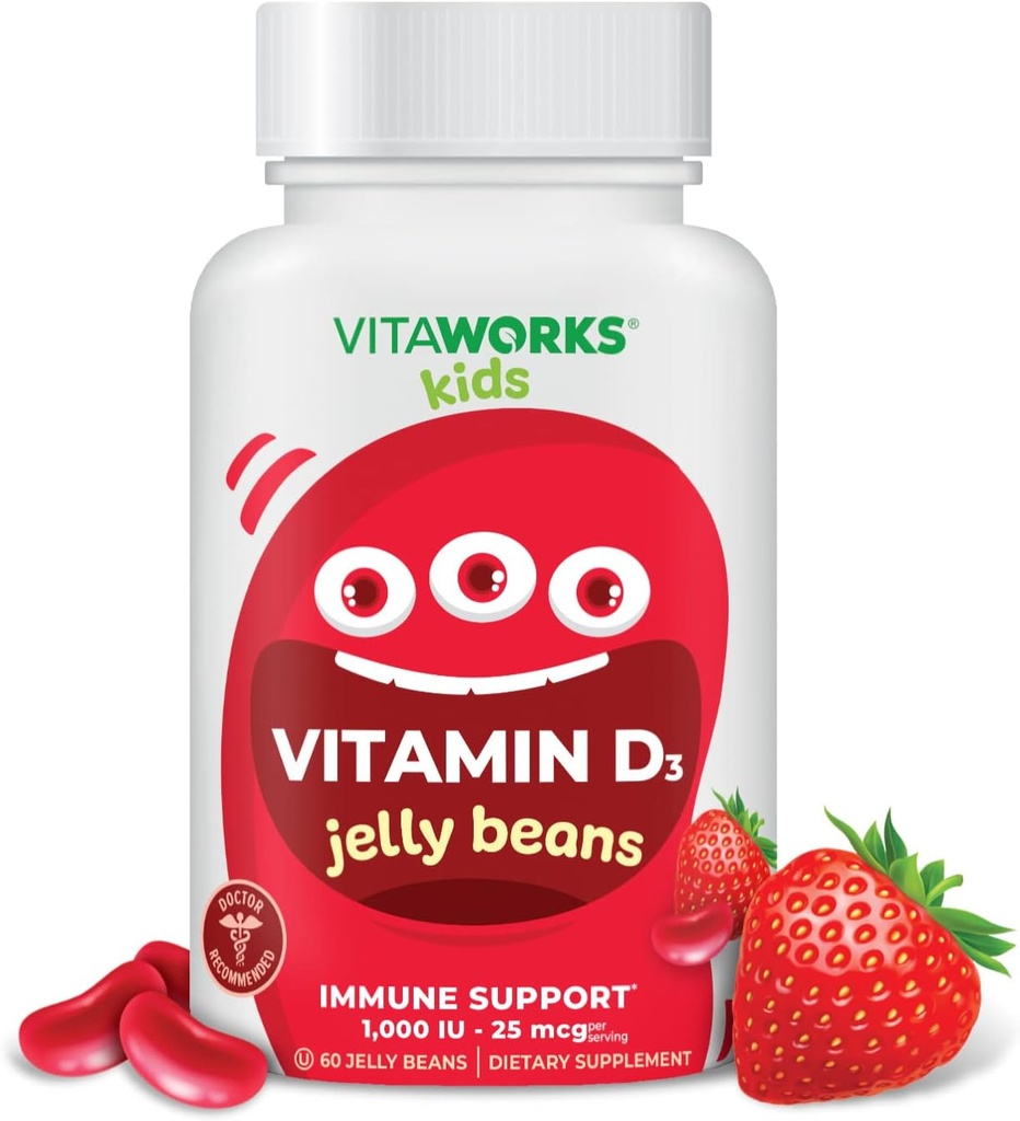 儿童维生素D 1000 IU Jelly Beans - 美味天然草莓 Flavor,蔬菜,无转基因生物,Gluten Free,Nut Free Vitamins - 营养支持补充 - 儿童 - 60 Jellies