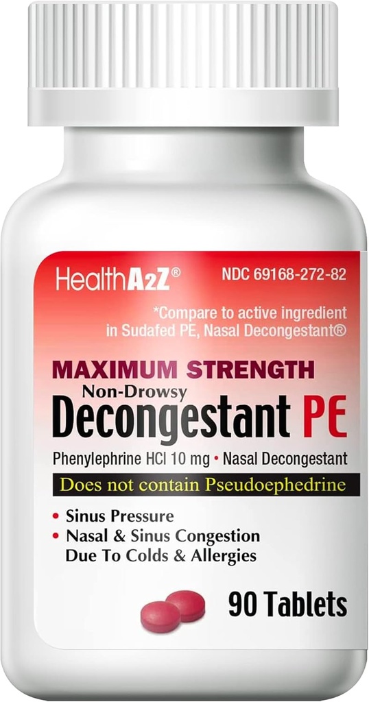 健康A2Z®十进制 PE | Phenylephrine HCl 10 mg | 最大强度 | Non-Drowsy Nasal & Sinus 摄入量因冷和过敏而得到缓解(90个计数(一包))