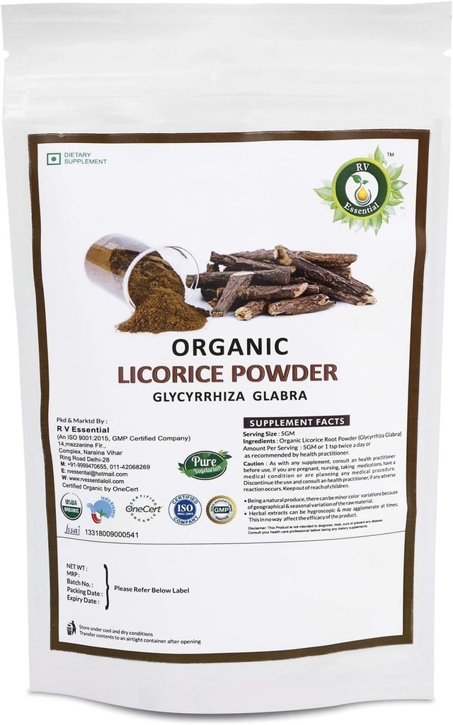 R V Essential Organic Licorice Powder 200gm/ 7.05oz/ 0.44lb Glycyrrhiza Glabra Licorice Root Powder Mulethi Powder Yastimadu Powder Liquorice Powder USDA Organic Certified Supplement in Zip Lock Pouch