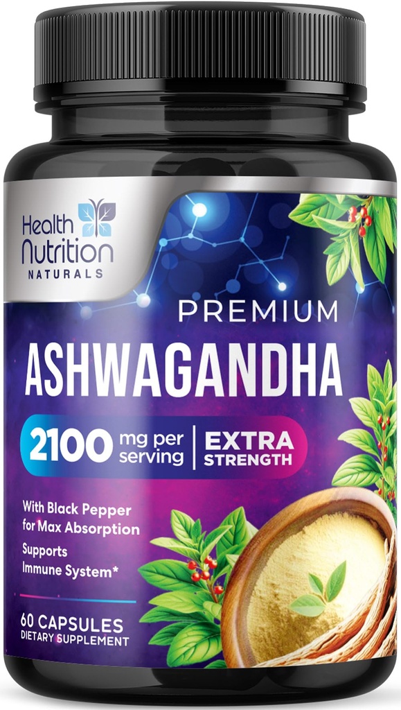 Ashwagandha 补编 - 2100mg Ashwagandha Capsule for Men & Men, Natural Antioxidant Support, Ashwa 根部提取, 外力冷静支持与黑辣椒, Vegan & Gluten Free - 60 Capsules