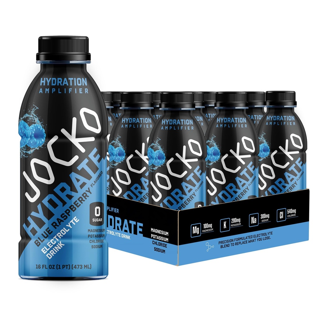 Jocko Fuel Hydrate 电解质饮料 - 运动饮料水分放大剂, Thirst Quencher - 科学配制的电解质 Blend Blue Raspberry 16 Oz (12 Pack)