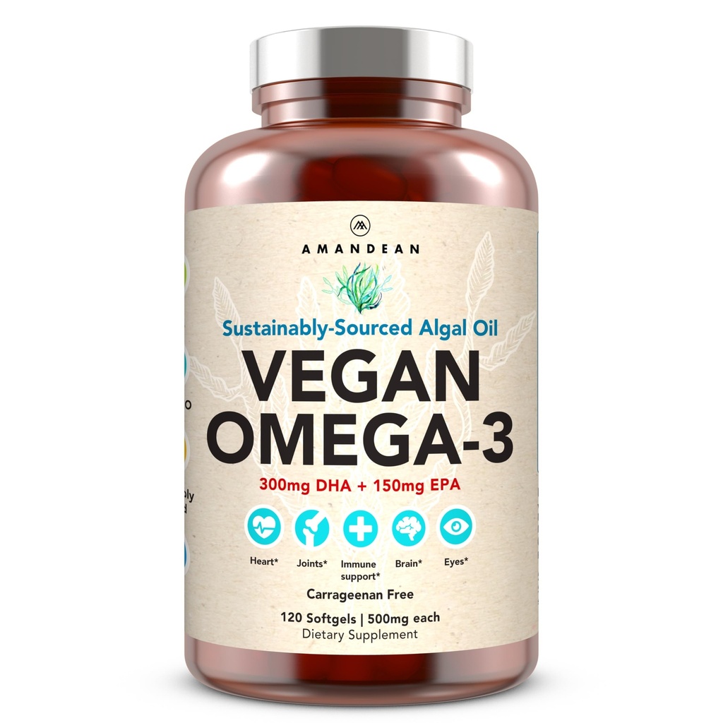 (原始内容存档于2017-03-03). AMANDEAN VAGAN Omega 3 Supplement. ium鱼油替代品. 藻类 DHA & EPA. (原始内容存档于2018-09-21). Carrageenan Free Softgels. 藻类必需脂肪酸. 植物基心,脑,眼,皮肤,免疫支持(120厘米).