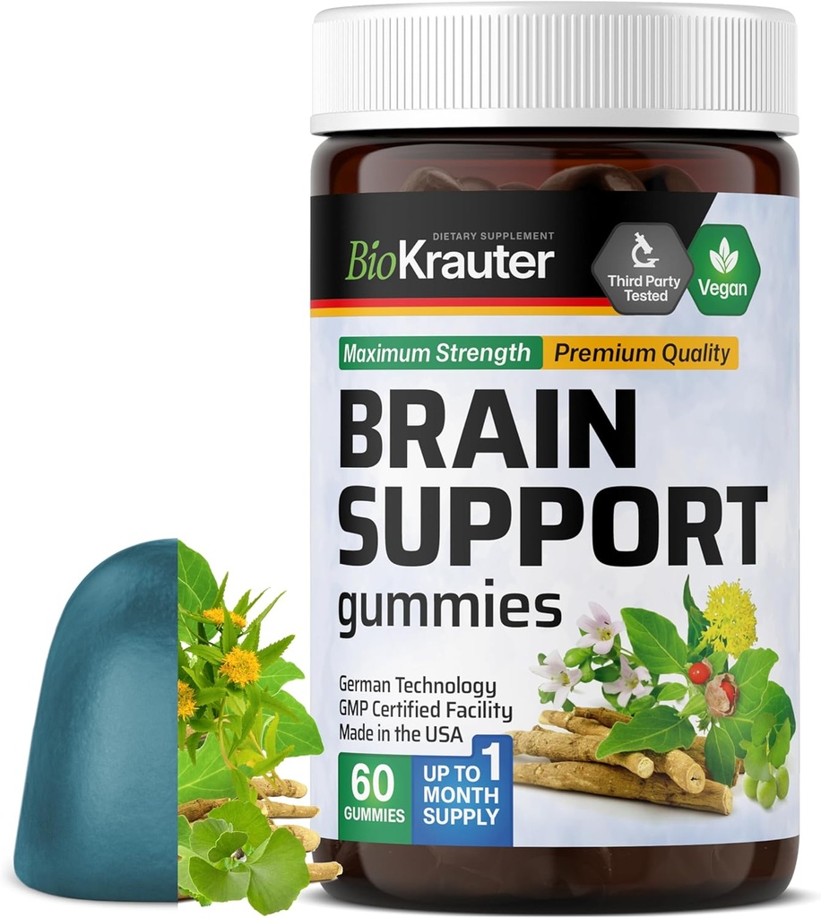 BIO KRAUTER 大脑支持Gummys - 60 Vegan Chews - 天然大脑补充 - Ashwagandha, Ginkgo Biloba, Bacopa, DMAE, 以及认知支持维生素