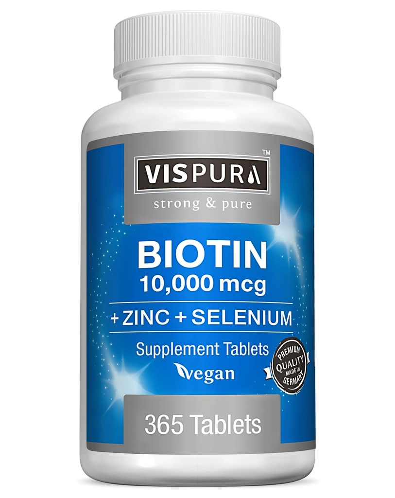 Biotin 10000 mcg + Zinc + 硒,纯, Vegan & Extra Strong, 毛发生长的最佳补充, 光皮, 坚固的钉*, 365 片12个月,天然无添加剂