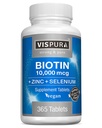 Biotin 10000 mcg + Zinc + 硒,纯, Vegan & Extra Strong, 毛发生长的最佳补充, 光皮, 坚固的钉*, 365 片12个月,天然无添加剂