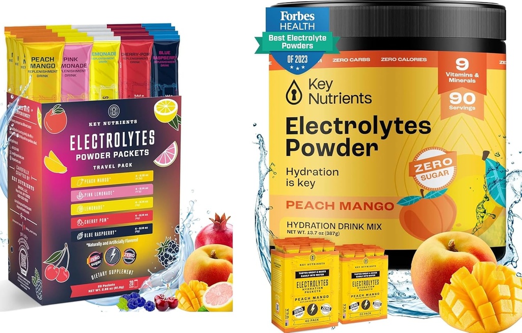 关键NUTRINES 极液态和多维特敏 Duo:20-Pack Variety 5 Flavors + 90-Serving Tropical Peach Mango 电解石粉