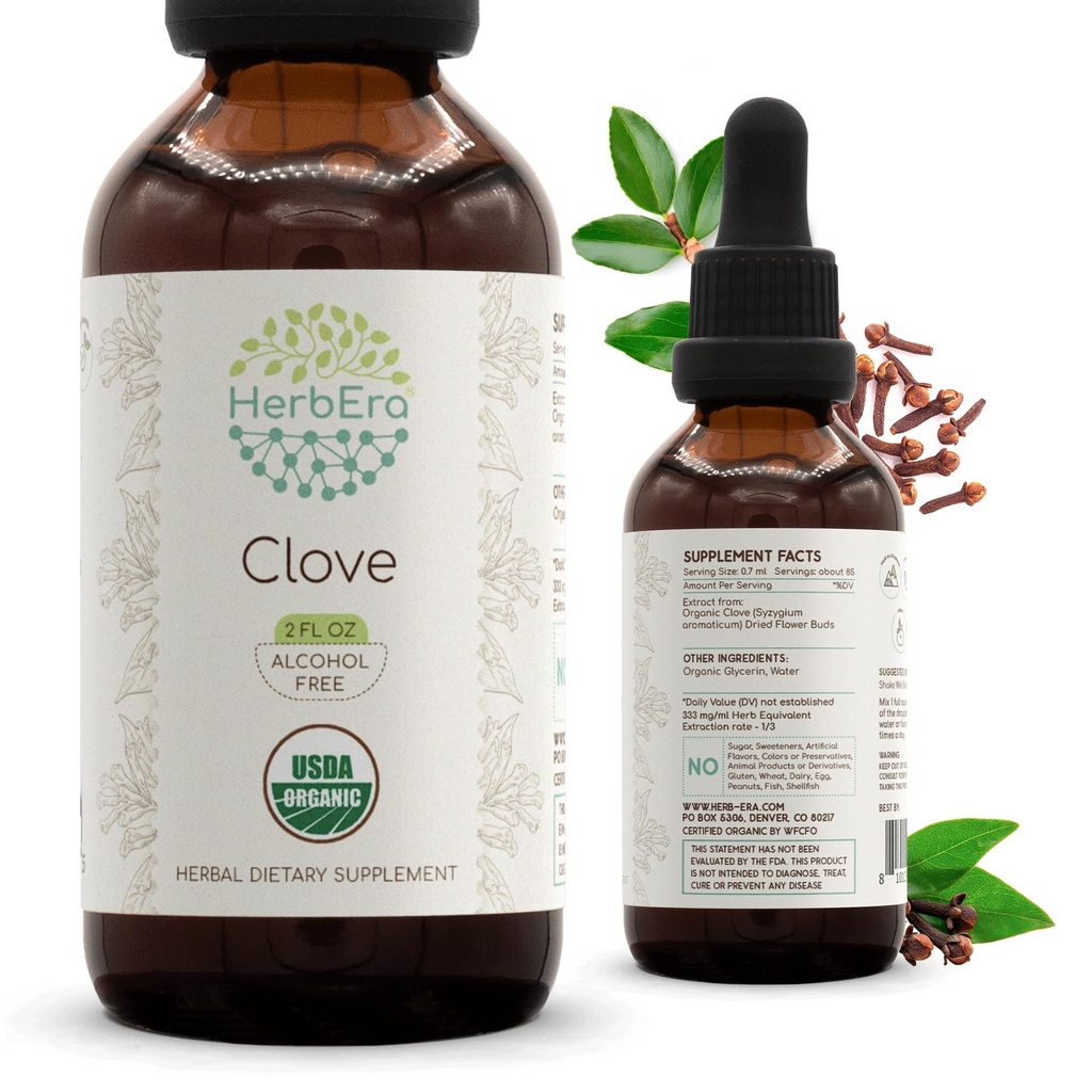 HerbEra Clove B60 USDA 有机丁香 QQ无酒精提取,高位草药滴,Immune System 健康 QQ认证有机丁香 干花芽(2 fl oz)