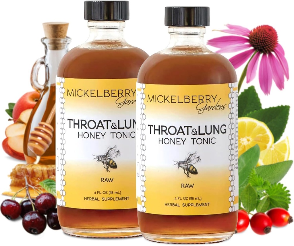 Mickelberry Gardens Throat & Lung Honey Tonic: Wellness Syrup, 天然酸盐救济,成人和儿童免疫支持和咳嗽抑制剂(4 oz, 2 Pack)