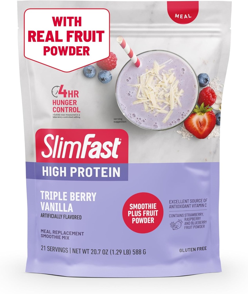 SlimFast HighProtein Slateie Mix Plus 水果粉,高蛋白 Meal 替换粉,Fiber,维生素C,21 Service,1.29英镑,Triple Berry Vanilla(包装 May Vary)