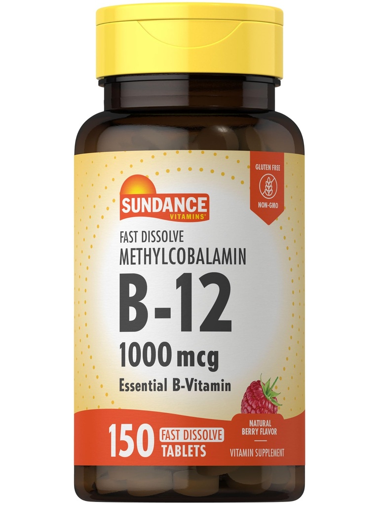 Sundance B-12 Methycobalamin 1000 mcg | 150 快速溶解片 | 天然贝里 Flavor | 蔬菜,非GMO 和 Gluten 免费基本维生素补充剂