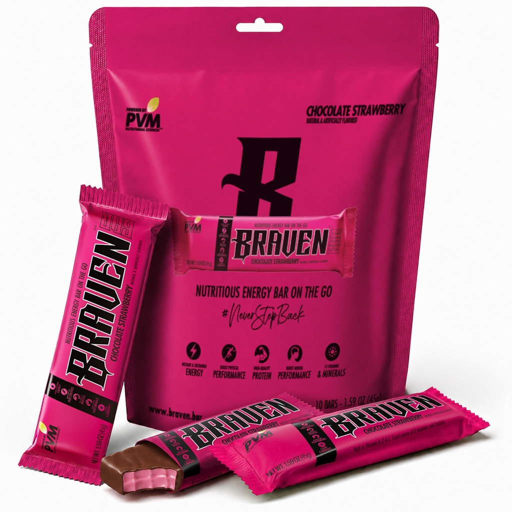 Braven Bar Chocolate Strawberry Energy Bars (1.59 oz, Pack of 10) – Performance Fuel On the Go – Soft & Chewy Candy-Like Texture – 13 Vitamins & Minerals – No Caffeine, No Crash – No Artificial Dyes – Gluten Free
