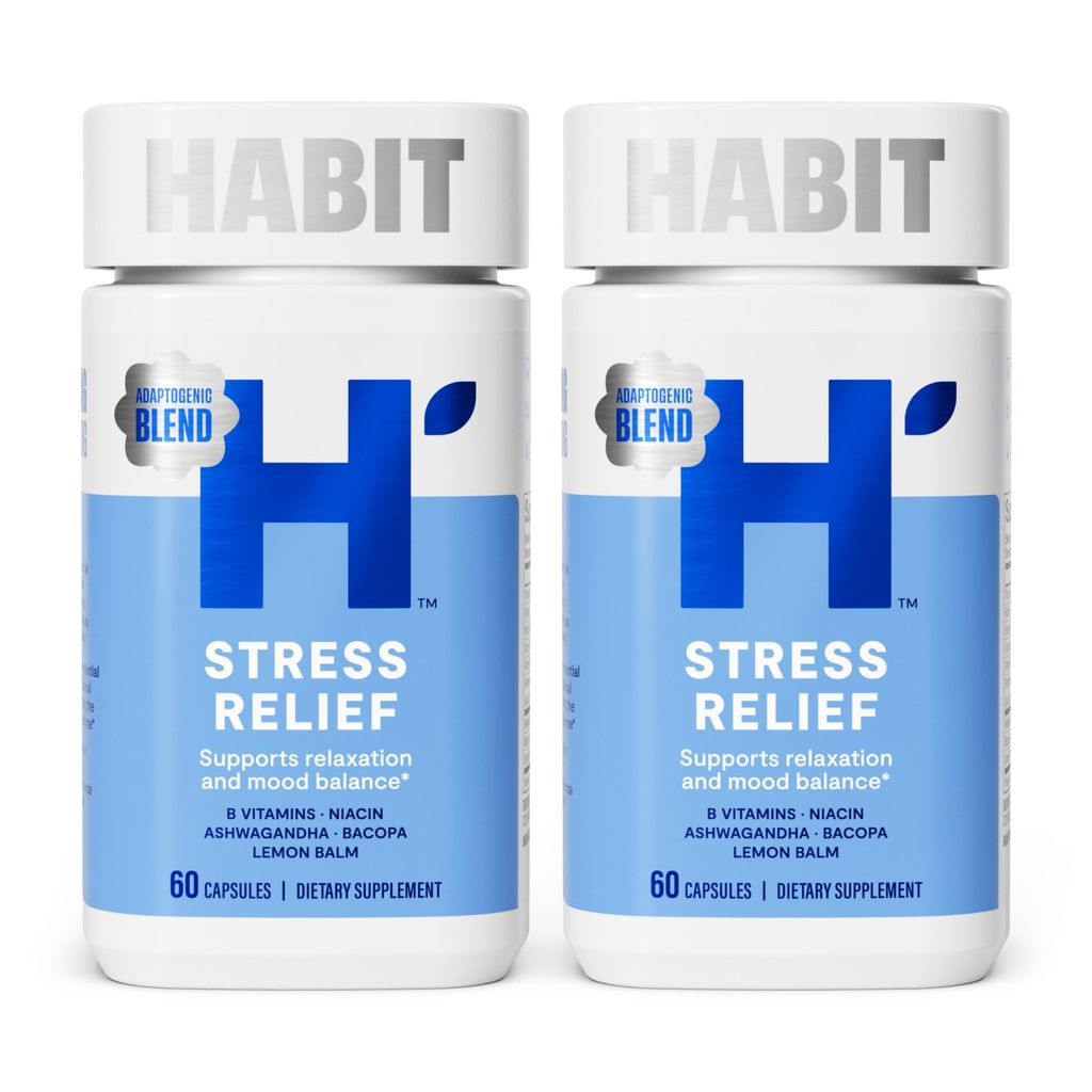 Habit压力缓解补充2 Pack(120 Capsules) - 新的外观,支持放松和Mood平衡,维生素B,适配体,柠檬浆,镇定,Vegan,非GMO
