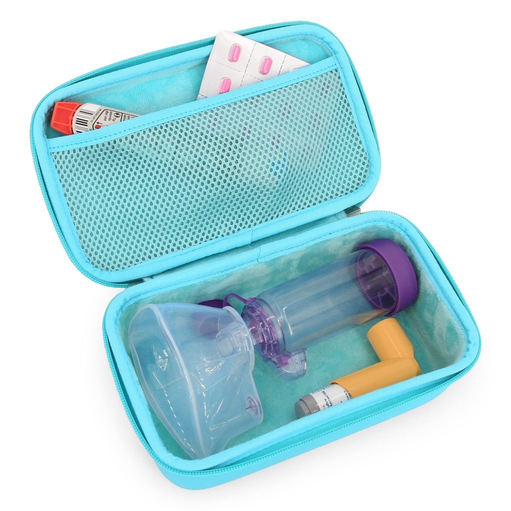 CASEMATIX Asthma Inhaler 旅行适合Asthma Inhaler 宇航员案例,带有面具、Inhaler 持有器和与Spacer 用于Inhaler的其他附属物,仅包括 Turquise Asthma 案例