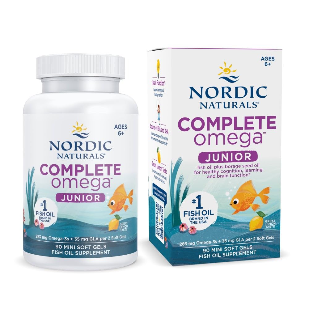 北欧自然体 完整 Omega Jr., Lemon - 90 mini Soft Gels - 283 mg 总 Omega-3s & 35 mg GLA - 健康认知,神经系统功能 - 非GMO - 45 服务