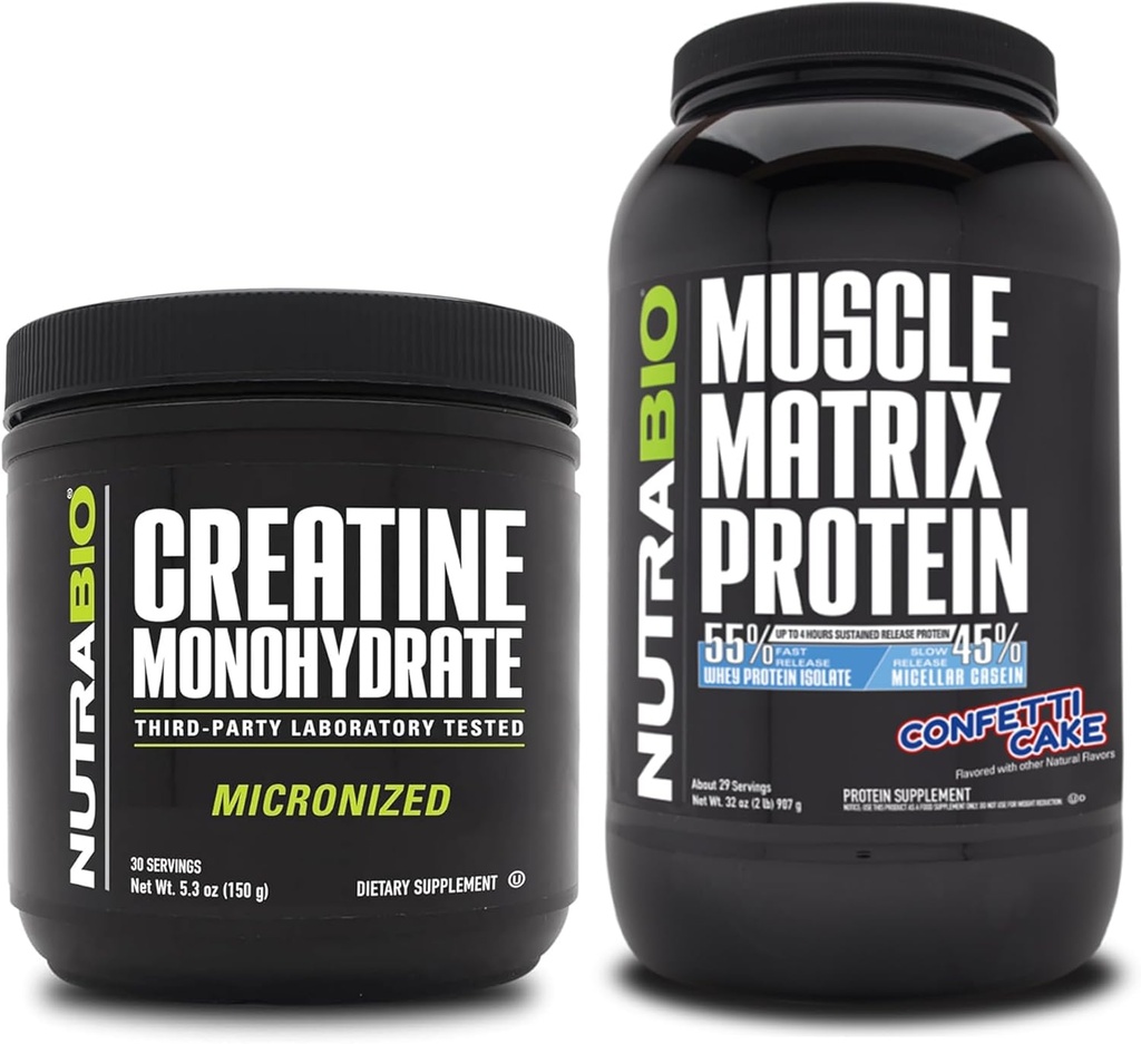 NutraBio Creatine 单水合物,无氟酸盐,(150克)和肌肉基质蛋白粉,(Confetti Cake) 补充包-肌肉能源,最大增殖,恢复,和强度