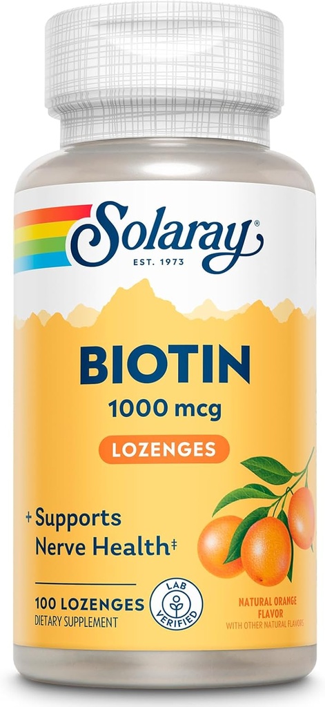 SOLARAY Biotin 1000mcg Lozenges - 含有维生素A的Biotin 补充剂 - 神经功能和细胞能量支持 - 天然橙汁Flavor, Great Taste, 60-Day保证, 100 服务, 100 Lozenges