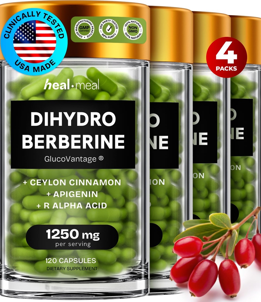 二氢硼烷补充剂 - Dehydro Berberine补充剂 - 超级硼烷补充剂,配有锡兰肉桂和R Alpha Lipoic Acid & Apigenin - Hydroberine 480盖(4包)