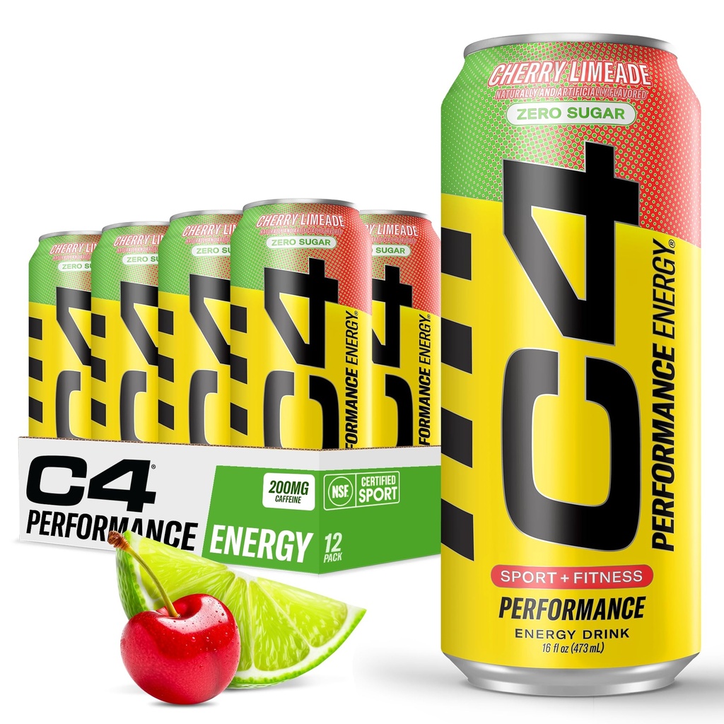 C4 原始无糖能源饮料 16oz (12包) QQ Cherry Limeade + 工作前性能饮料 无人工颜色或戴斯