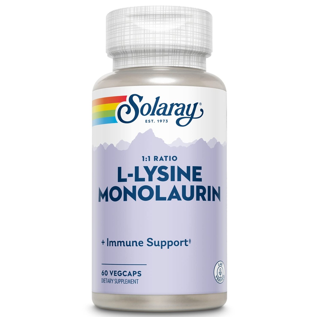 SOLARAY L-Lysine Monolaurin 免疫支持补编,1:1 免疫系统功能比率,500毫克,60天后钱担保,30名服务员,60名Veg Caps