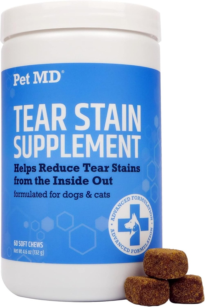 Pet MD Tear Stain Refer for Dogs & Cats - Antioxidant Eye Care Supplement with Lutein, Cranberry, & Omega 3 & 6 - Cat & Dog Tear Stain Refer Chews for White & Light Fur - 60 cm (英语) (英语).