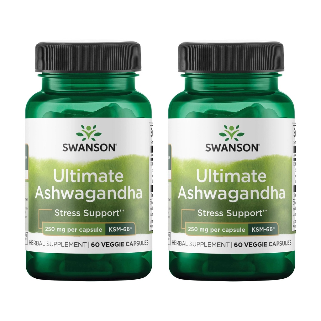 Swanson Ultimate Ashwagandha KSM-66 - 支持健康应激水平和放松的草药补充剂 - 促进冷静和放松的心跳的自然公式 - (60 Vegie Capsules, 每人250毫克) (2包)