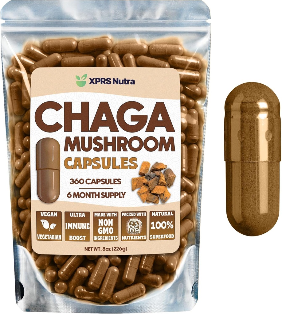 XPRS 努特拉查加蘑菇卡普尔(Nutra Chaga Mushmouse Capsules) - Premium USDA 查加蘑菇卡普尔 - 封装查加蘑菇粉 豁免布尔特 - Vegan 友好超食品 查加茶和饮料 - 360 Counter